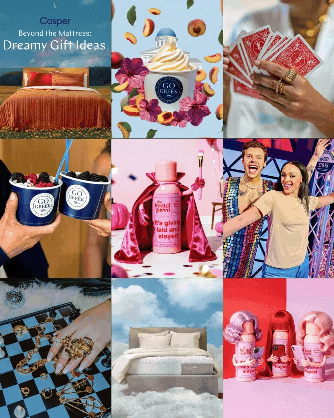 A grid of recent work for Casper, Go Greek Yogurt, The Frontal Queen and Madame Tussauds